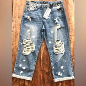 Almost Famous Light-Wash Distressed Paint-Splatter Boyfriend Jeans